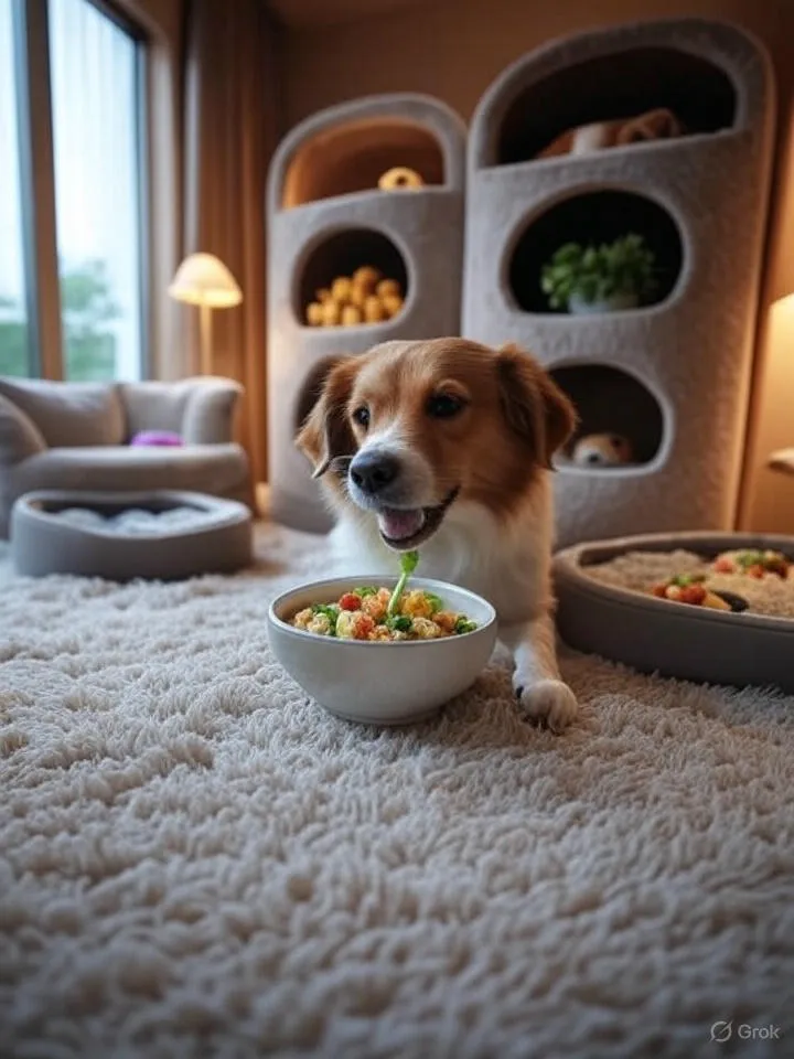 A luxury pet hotel suite with a dog enjoying a gourmet meal