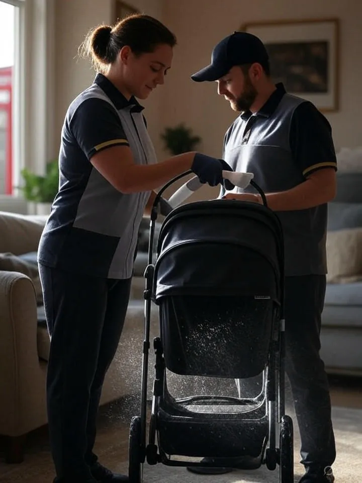 A CleanPaws UK worker sanitizing a stroller in London home