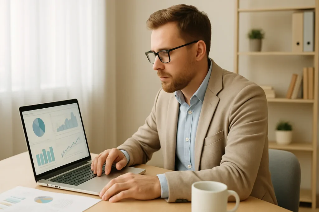 Business owner reviewing financial metrics
