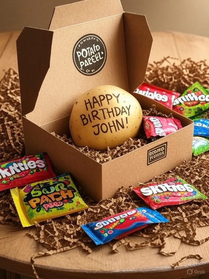 A Potato Parcel UK box with a personalized message on a potato, ready for delivery.