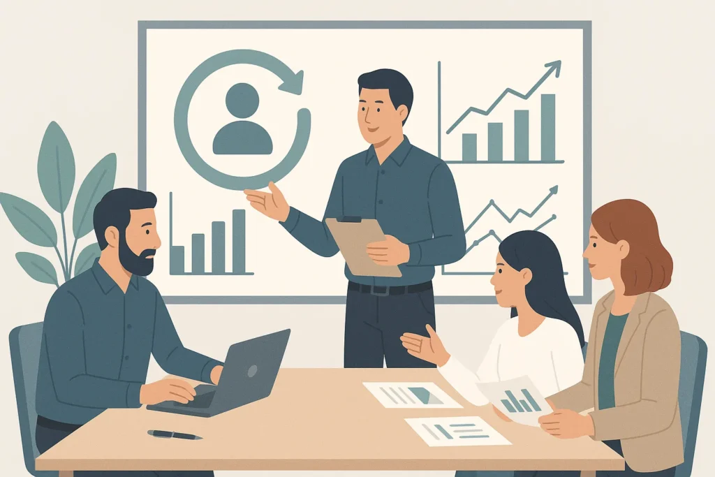 Team analyzing customer retention data in meeting